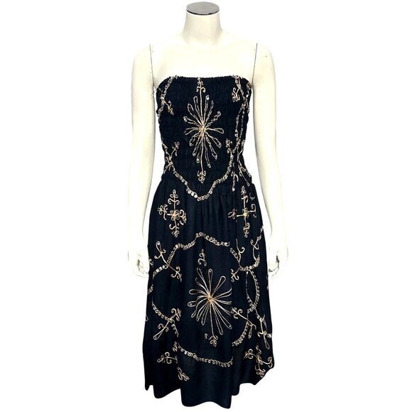 Black Strapless Smocked Embroidered Sequin Midi Dress Gold Scroll Starburst Boho - Picture 2 of 8